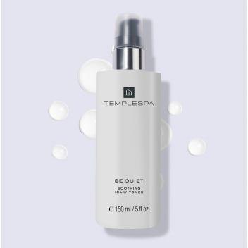 TEMPLESPA BE QUIET hydrating milky face toner bottle and box.
