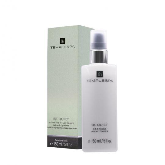 TEMPLESPA BE QUIET soothing milky face toner bottle and box.