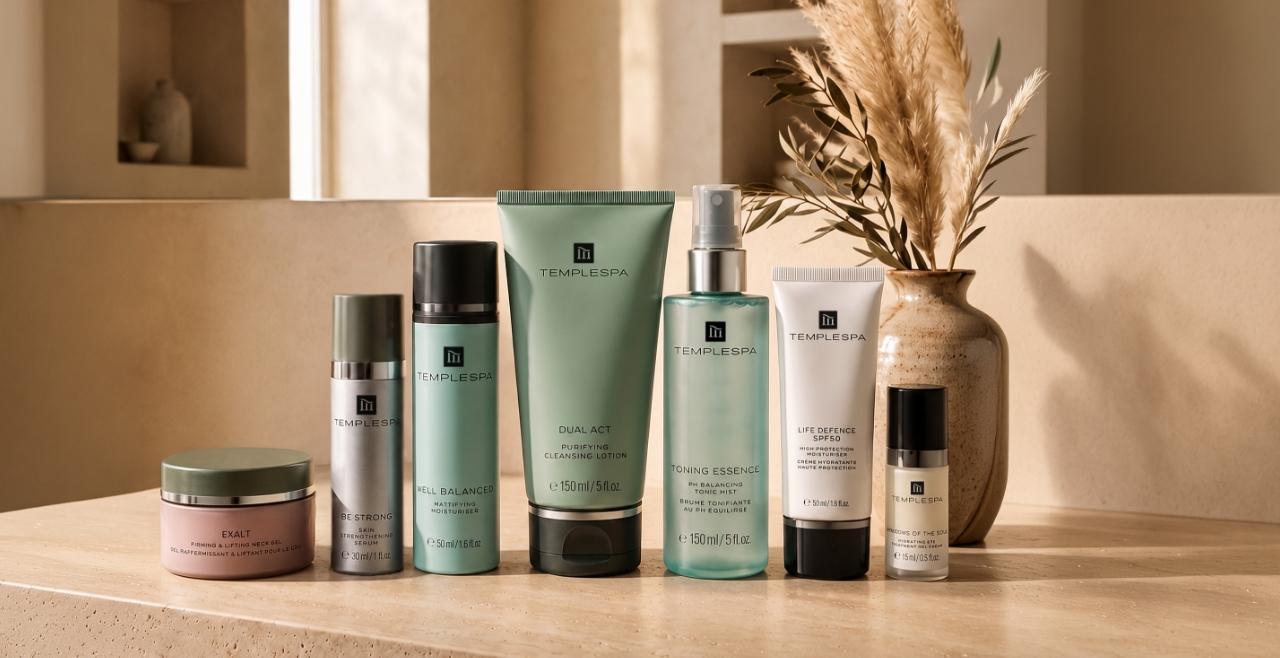 A line up of a full skincare routine from TEMPLESPA