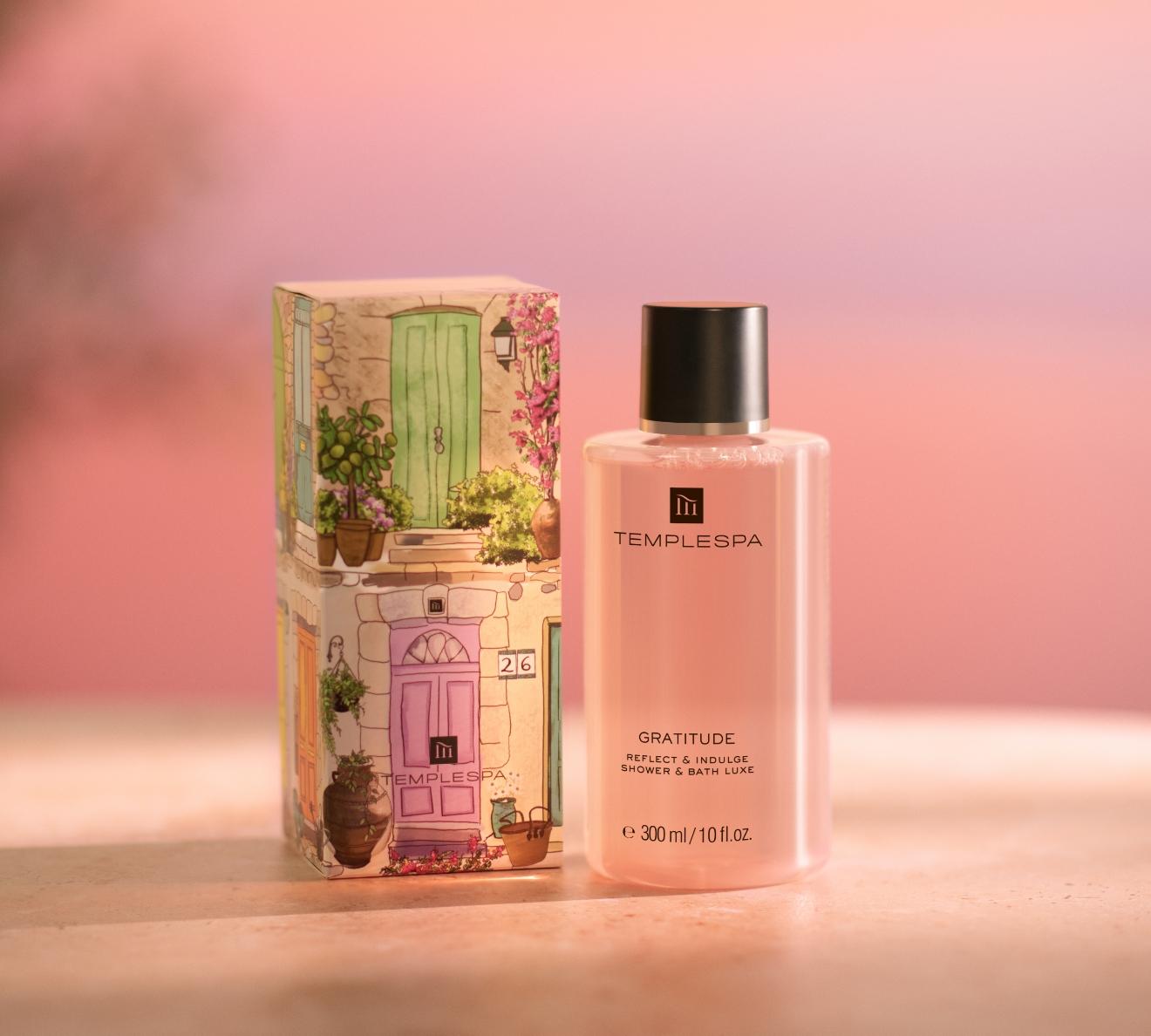 gratitude bath and shower luxe on a pink background