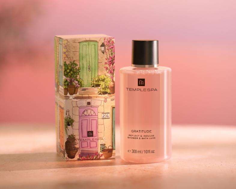 gratitude bath and shower luxe on a pink background