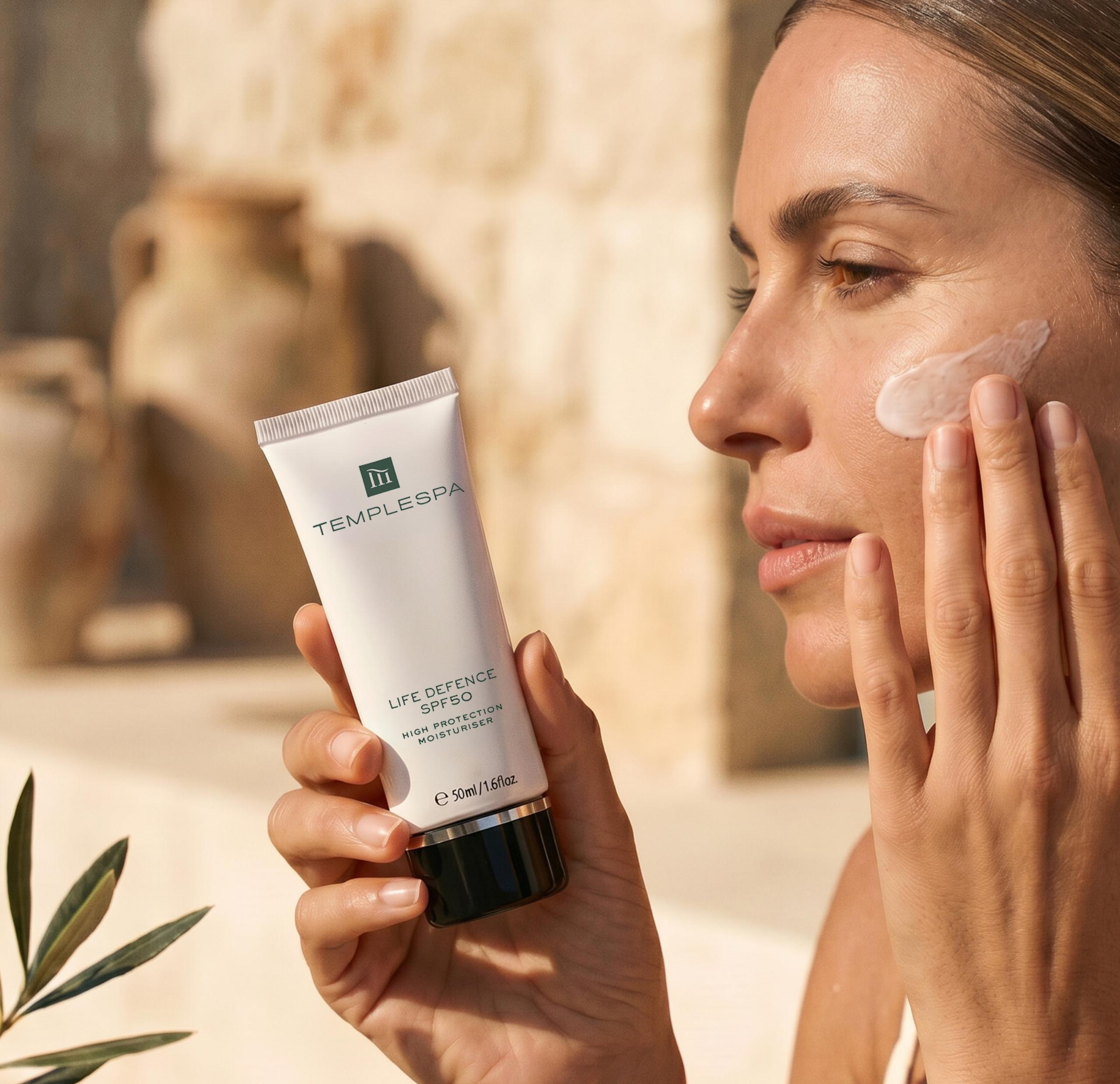 lady looking into a mirror and smiling whilst applying her eye cream windows of the soul