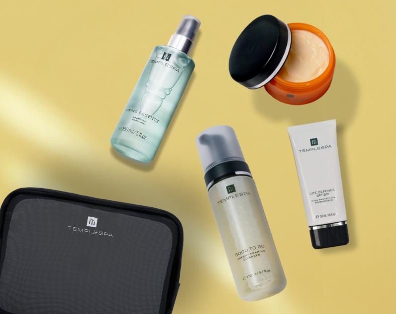 My Kinda Skin Protect Collection including Life Defence, Good To Go, Toning Essence, Moisture To Glow and a TEMPLESPA bag