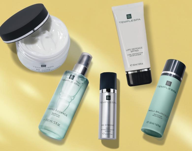 Our skincare Essentials Protect collection, including Life Defence, Toning Essence, Be Strong, Be Gone and Well Balanced