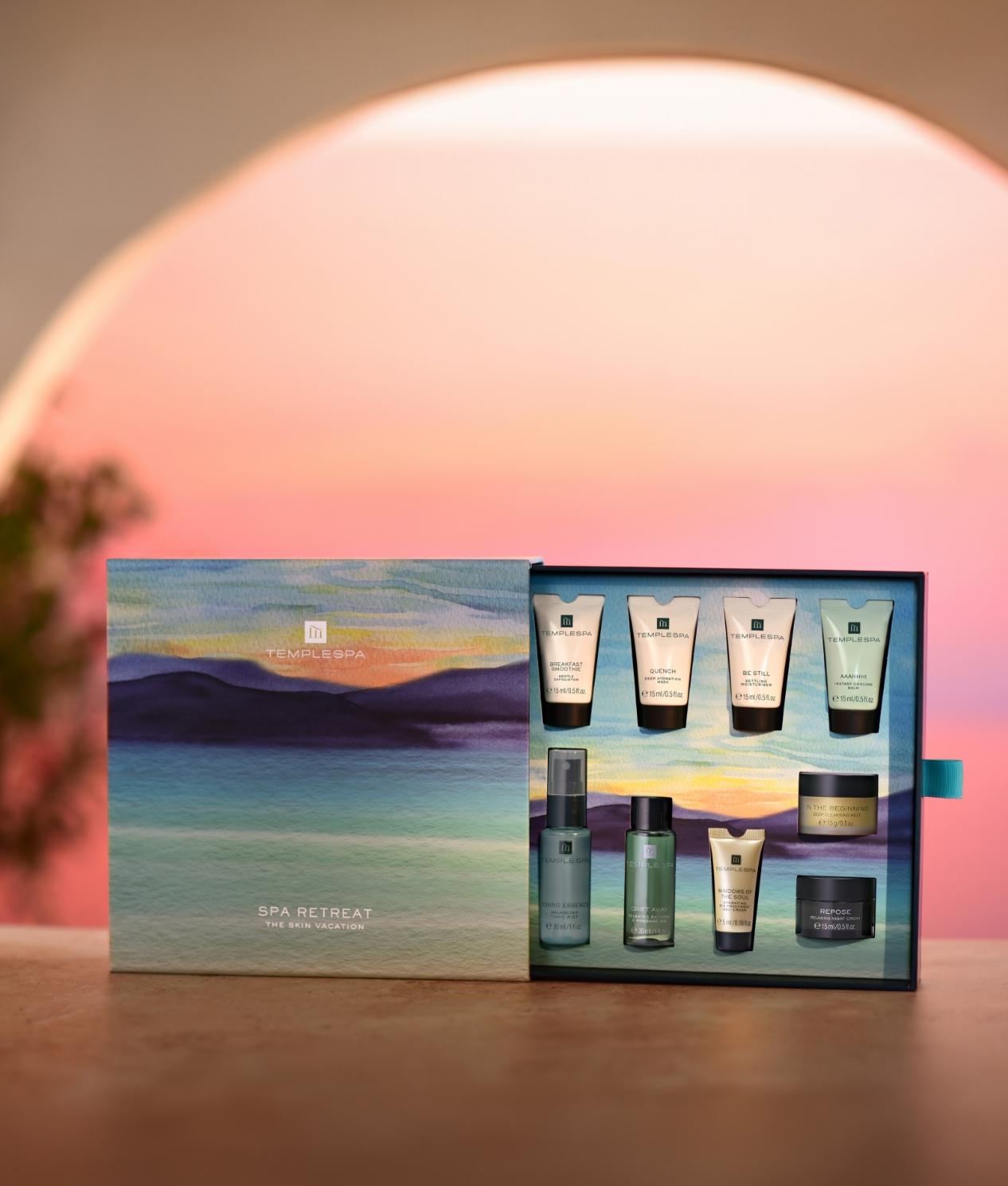 Spa retreat gift set with pink sunset background