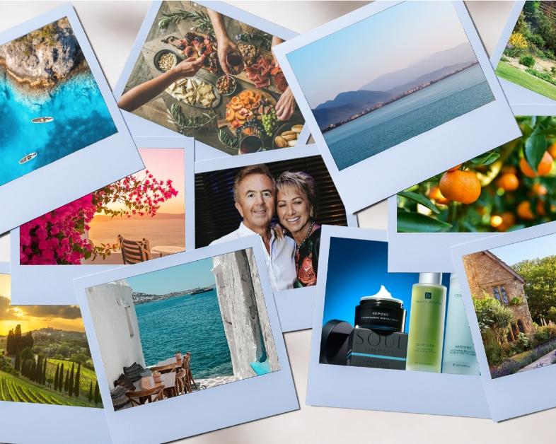 templespa turns 26 a range of polaroid pictures of sea views, fruit, products and Mark & Liz