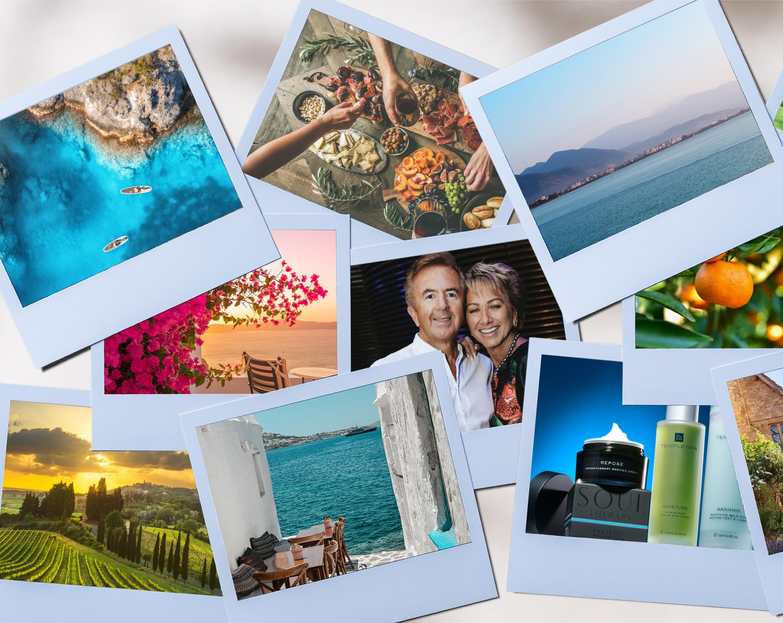 templespa turns 26 a range of polaroid pictures of sea views, fruit, products and Mark & Liz