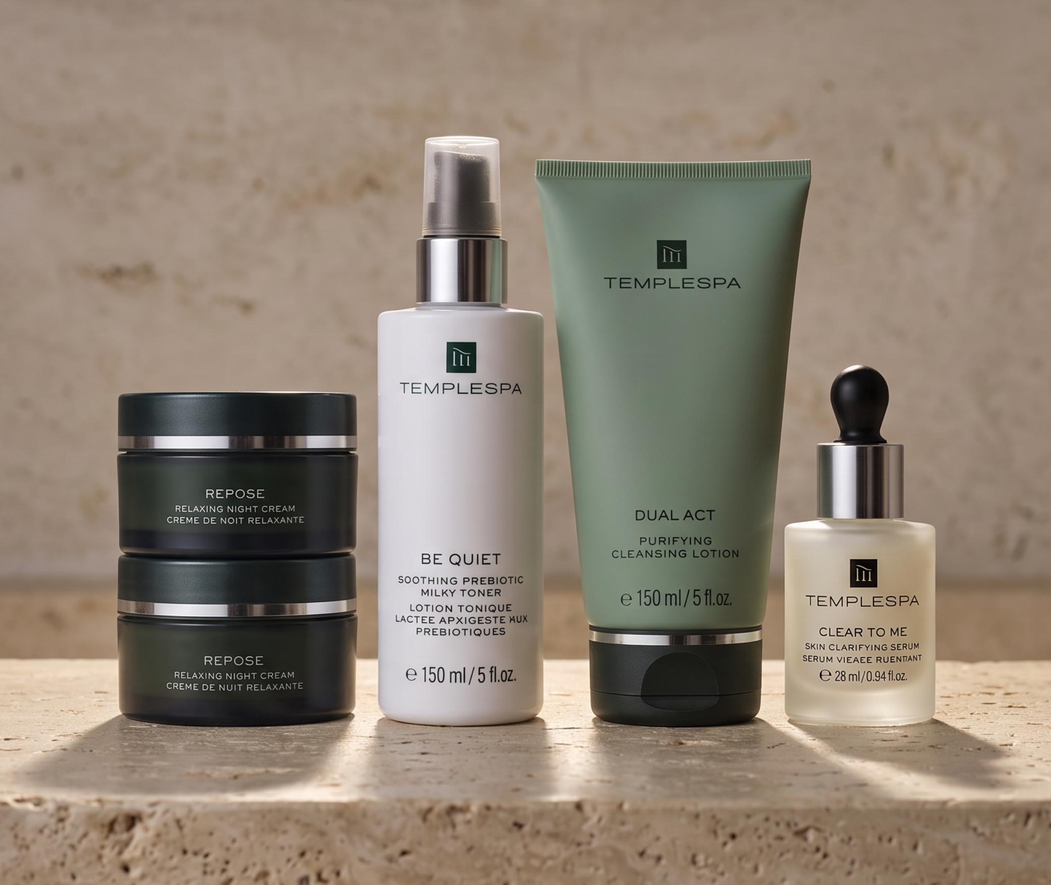 EVENING ESSENTIALS collection from TEMPLESPA, your complete evening routine with 2 FREE products. Save &pound;73*.