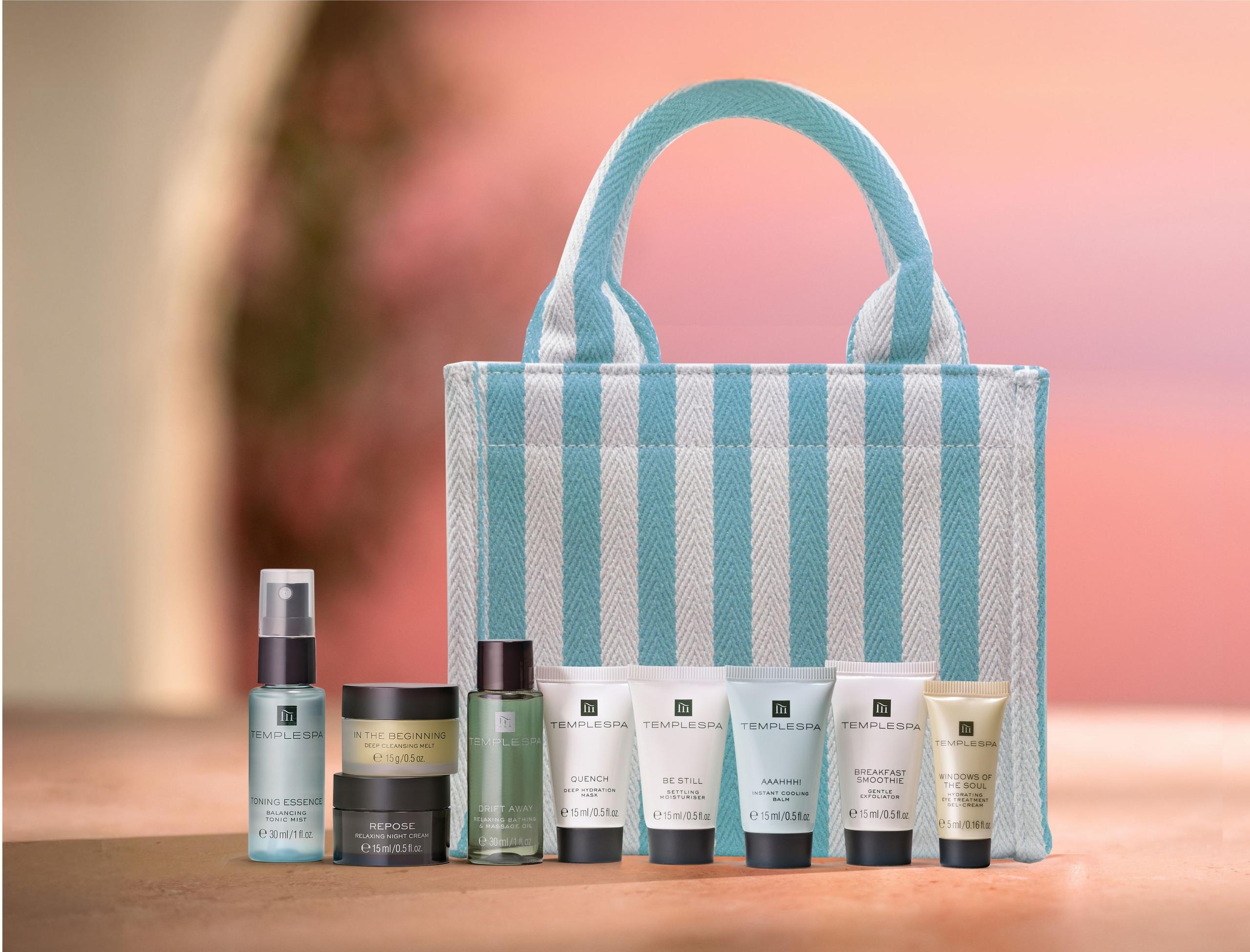 Spa retreat gift set with pink sunset background